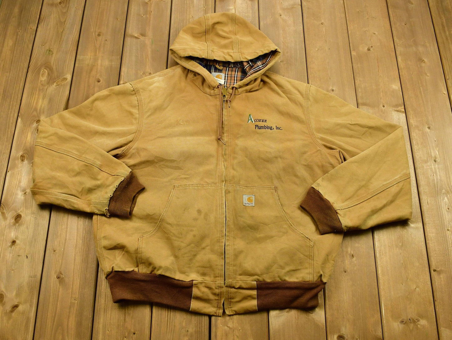 Vintage 1990's Carhartt Hooded Work Jacket / Workwear / Streetwear / Made In USA / Blanket Lined Jacket / Distressed Carhartt / Tan Jacket