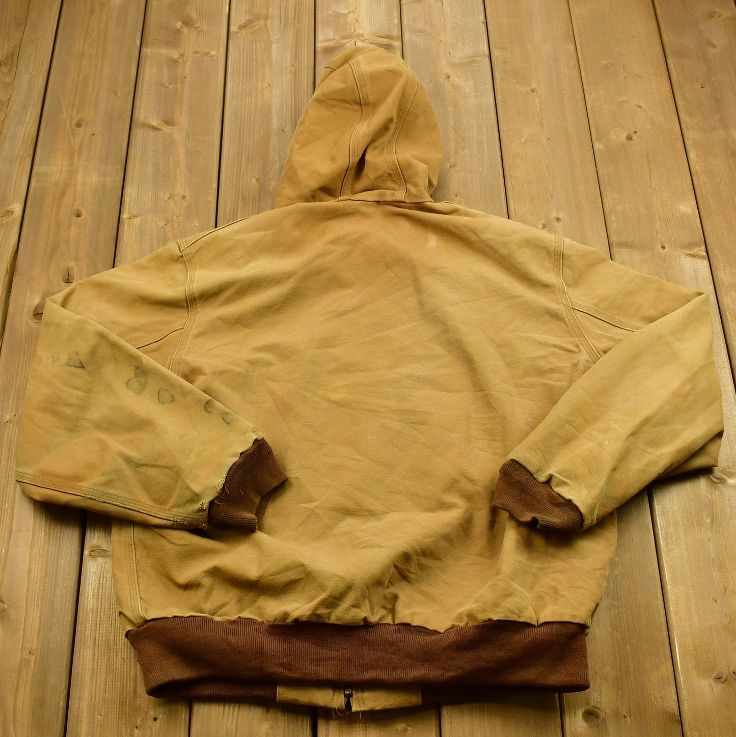 Vintage 1990's Carhartt Hooded Work Jacket / Workwear / Streetwear / Made In USA / Blanket Lined Jacket / Distressed Carhartt / Tan Jacket