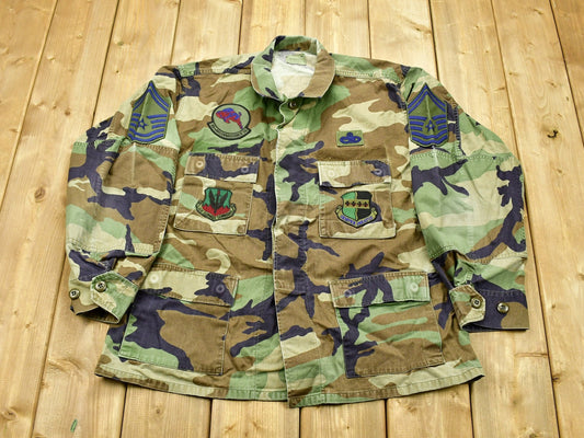 Vintage 2001 US Air Combat Command Camouflaged Jacket / Button Up Jacket / Souvenir / Distressed / US Army Green / Militaria / Patchwork