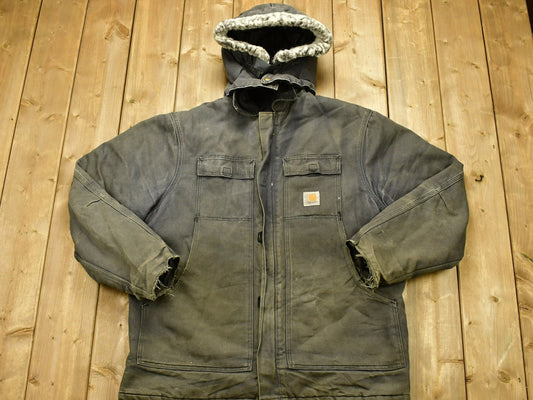 Vintage 1980s Carhartt Chore Coat Hooded  / Workwear / Streetwear / Made In USA / Quilt Lined Jacket / Naturally Distressed Carhartt /