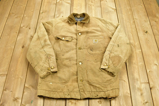 Vintage 1970s Carhartt Tan Chore Coat / Workwear / Streetwear / Made In USA / Blanket Lined Jacket / Distressed Carhartt / Work Jacket