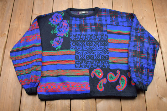 Vintage 1990s Gitano Knitted Sweater / Vintage 90s Crewneck / Pattern Sweater / Outdoor / Hand Knit / Pullover Sweatshirt