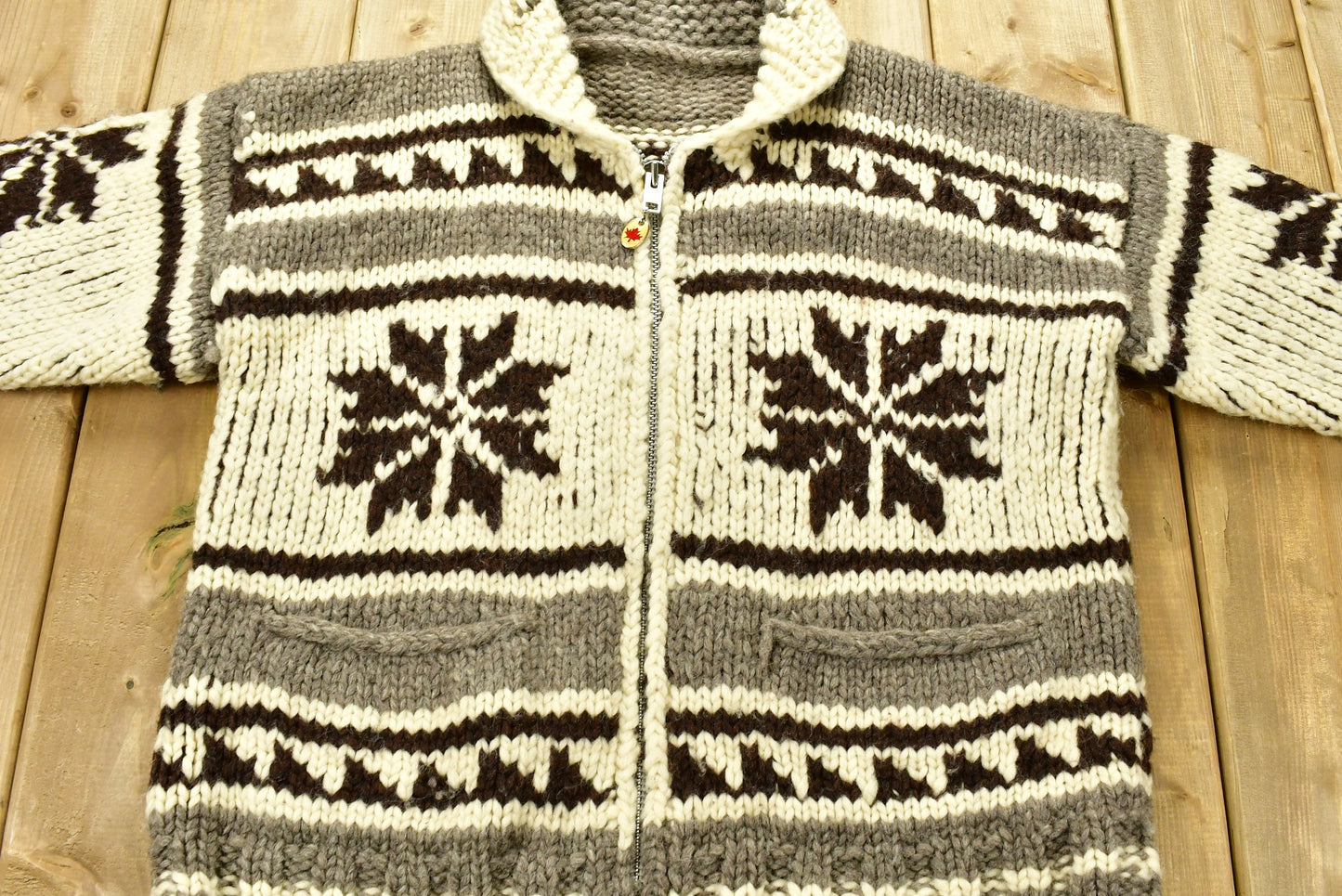 Vintage 1990s Heavy Weight Aztec Pattern Canadian Knitted Sweater / Full Zip Knit / All Over Pattern / Outdoor / Abstract Graphic