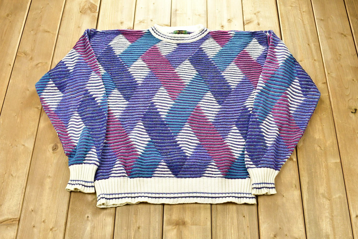 Vintage 1980s Cross Plaid Knitted Sweater / Made In USA / 80s Crewneck / All Over Pattern / Colors By Alexander Julian / Abstract Graphic