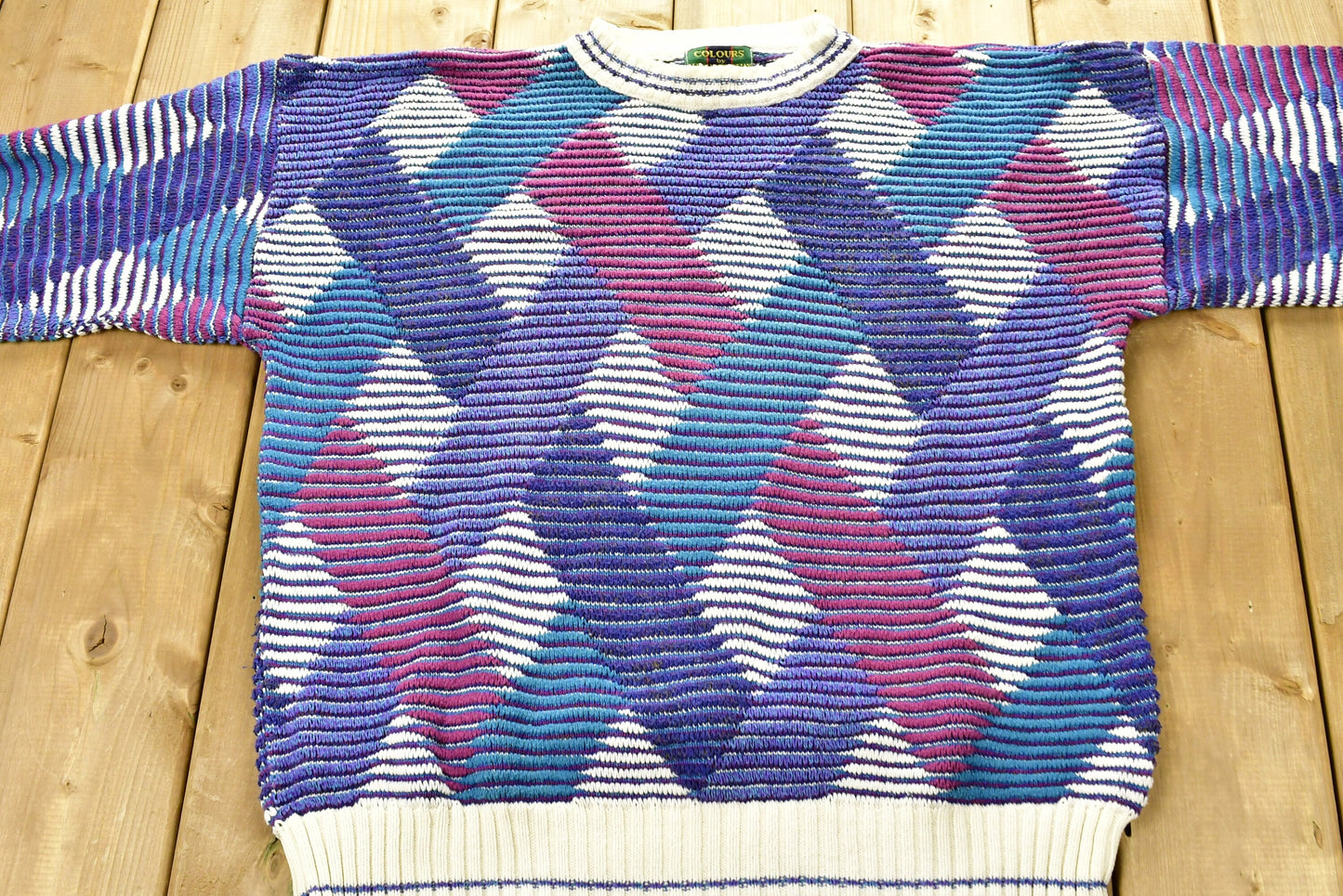 Vintage 1980s Cross Plaid Knitted Sweater / Made In USA / 80s Crewneck / All Over Pattern / Colors By Alexander Julian / Abstract Graphic