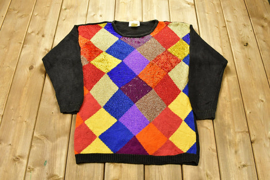 Vintage 1980s XES-NY Color Block Textured Knitted Sweater / Vintage 80s Crewneck / All Over Pattern / Sweatshirt / Abstract Graphic