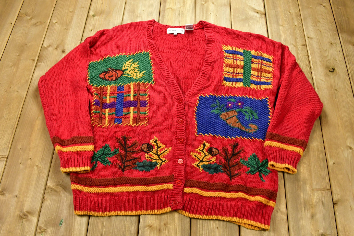 Vintage 1990s Thanksgiving Patchwork Knitted Cardigan Sweater / Baxter & Wells / All Over Pattern / Outdoor / Sweatshirt / Abstract Graphic