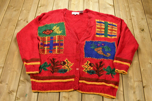 Vintage 1990s Thanksgiving Patchwork Knitted Cardigan Sweater / Baxter & Wells / All Over Pattern / Outdoor / Sweatshirt / Abstract Graphic