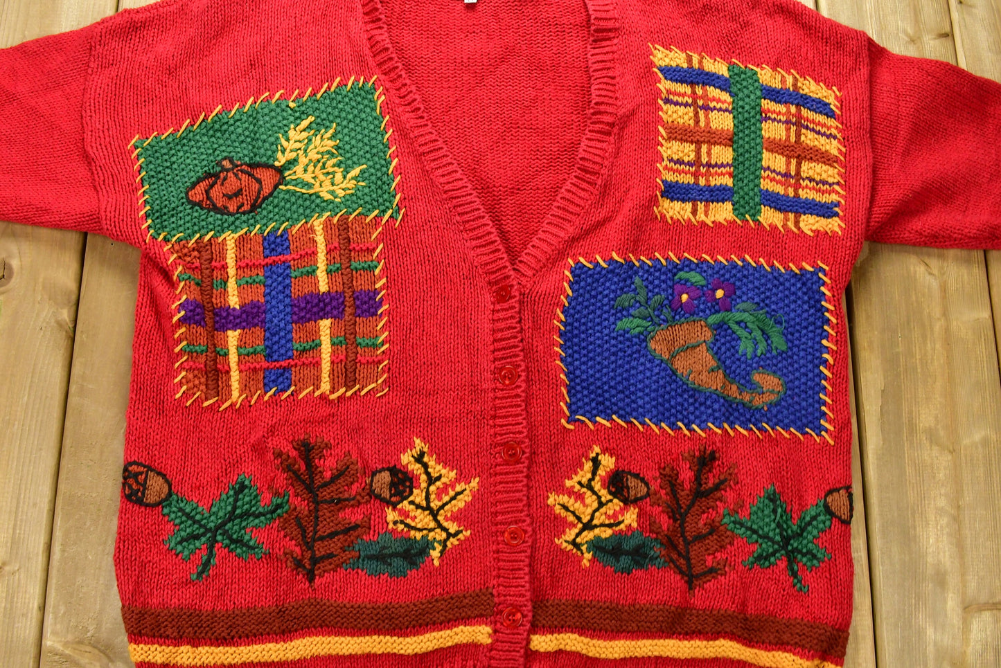 Vintage 1990s Thanksgiving Patchwork Knitted Cardigan Sweater / Baxter & Wells / All Over Pattern / Outdoor / Sweatshirt / Abstract Graphic