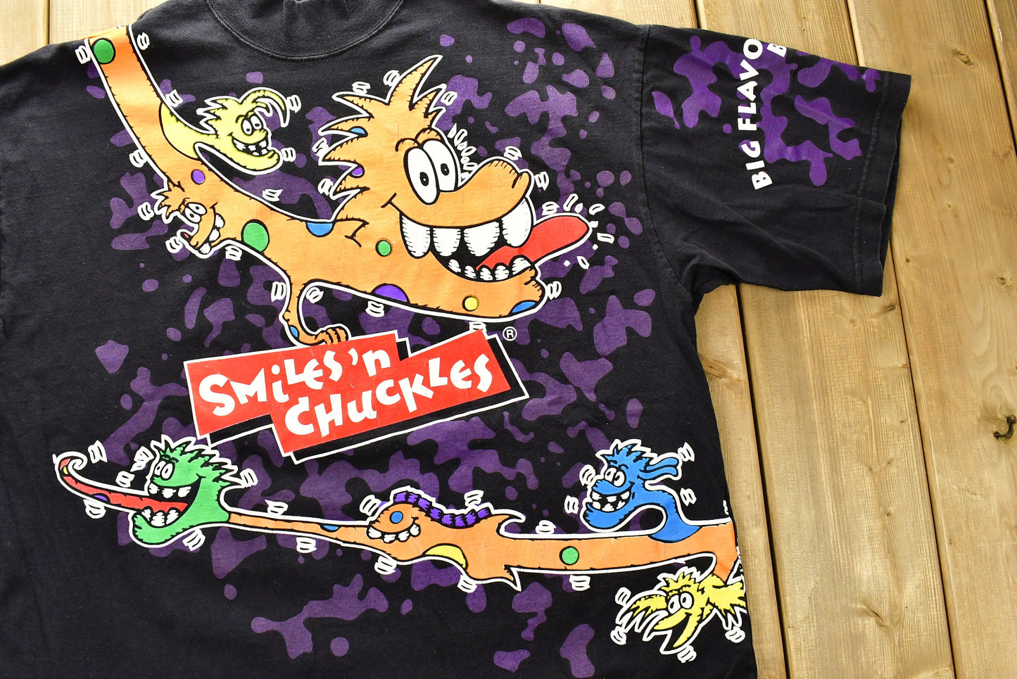 Vintage 1990s Smiles & Chuckles All Over Print Cartoon Promo T-Shirt / 90s Graphic Tee / Mock Neck / Big Flavor Big Fun / Big Fun Wear