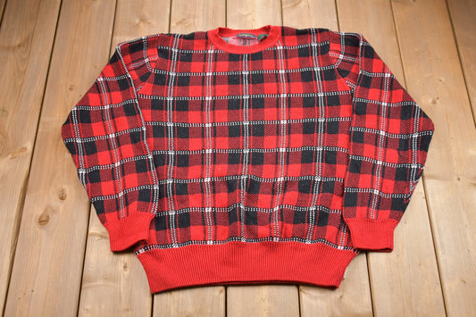 Vintage 1990s Saddlebred Plaid Knitted Sweater / Vintage 90s Crewneck / Pattern Sweater / Outdoor / Hand Knit / Pullover Sweatshirt