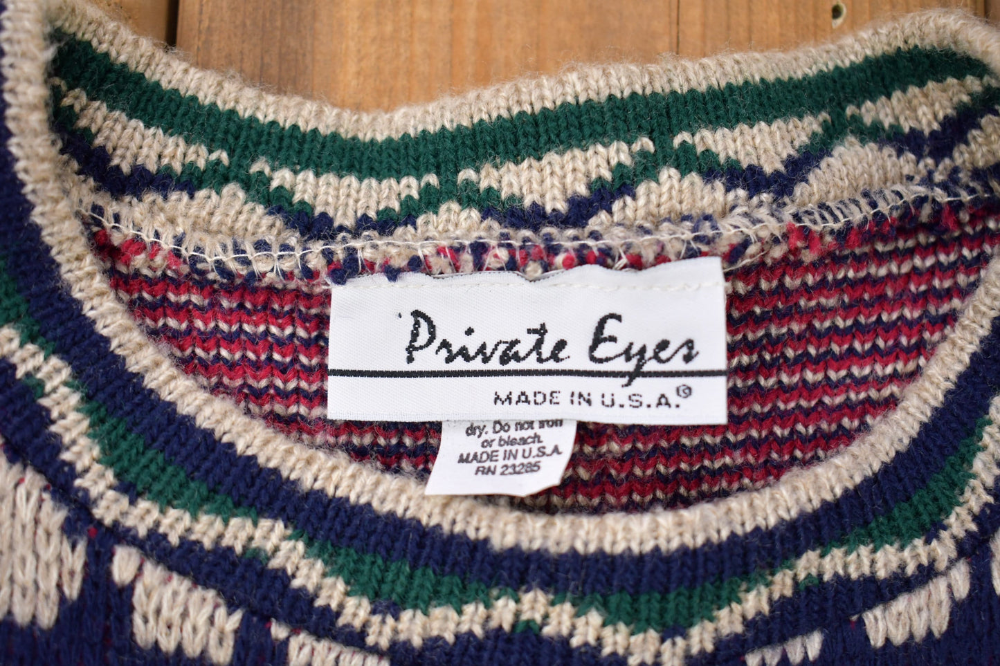 Vintage 1990s Private Eyes Made In USA Knitted Sweater / Vintage 90s Crewneck / Pattern Sweater / Outdoor / Hand Knit / Pullover Sweatshirt