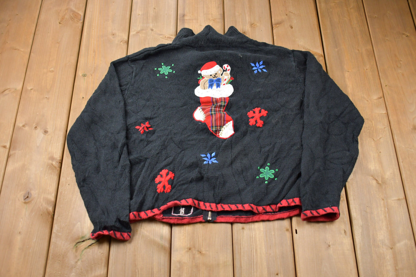 Vintage 1980s Full Zip Embroidered Christmas Sweater , 80s Holiday Crewneck , Winter Wear , Festive Graphic Print