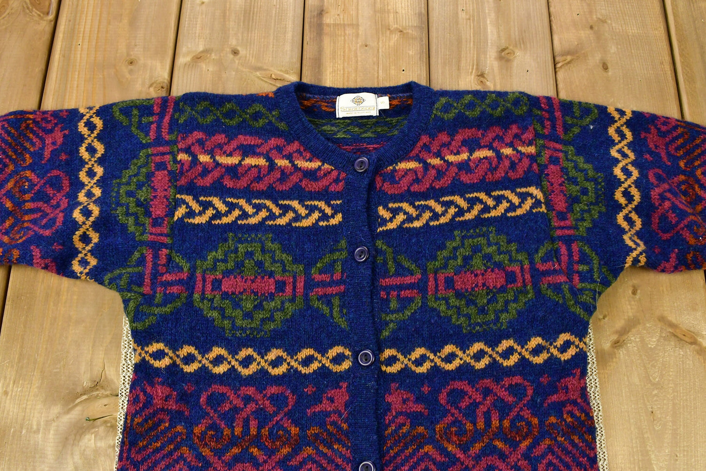 Vintage 1980s Abstact Graphic Knitted Cardigan Sweater / Made In Scotland / All Over Pattern / Outdoor / Sweatshirt / Strathspey