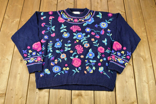 Vintage 1990s Floral Embroidered All Over Graphic Knitted Sweater / Vintage 90s Crewneck / All Over Pattern / Sweatshirt / Abstract Graphic