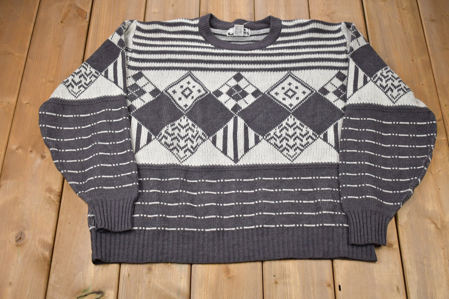 Vintage 1990s Steep Slopes Knitted Sweater / Vintage 90s Crewneck / Pattern Sweater / Outdoor / Hand Knit / Pullover Sweatshirt