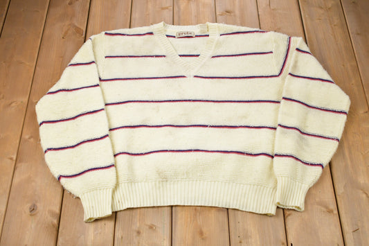 Vintage 1990s Probe Striped Knitted Sweater / Vintage 90s V-Neck / Pattern Sweater / Outdoor / Hand Knit / Pullover Sweatshirt