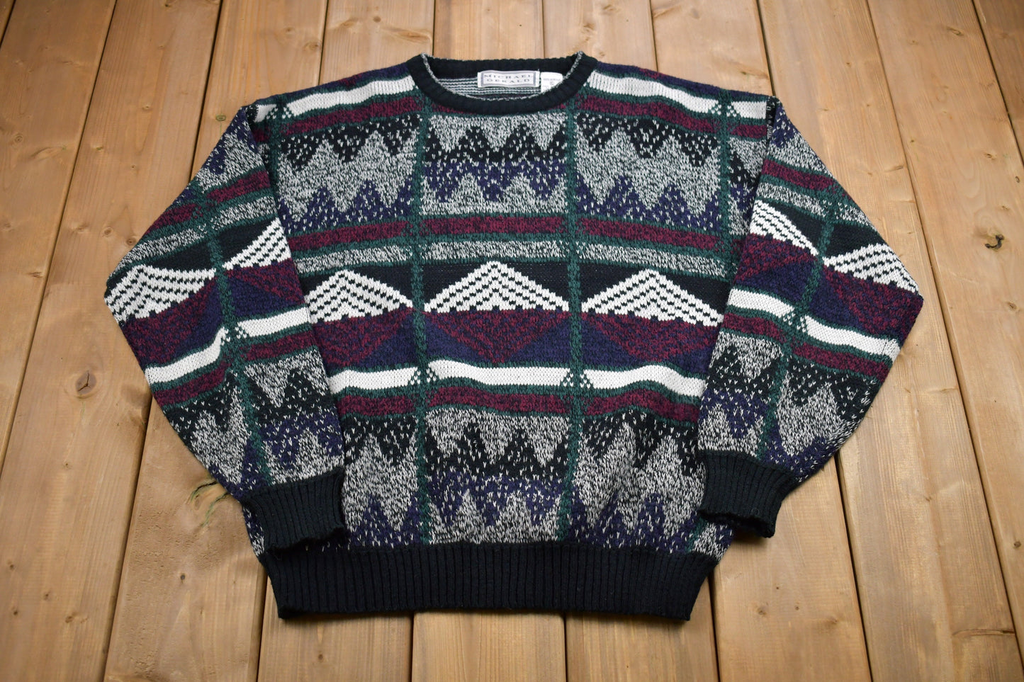 Vintage 1990s Michael Gerald Abstract Knitted Sweater / Vintage 90s Crewneck / Pattern Sweater / Outdoor / Hand Knit / Pullover Sweatshirt