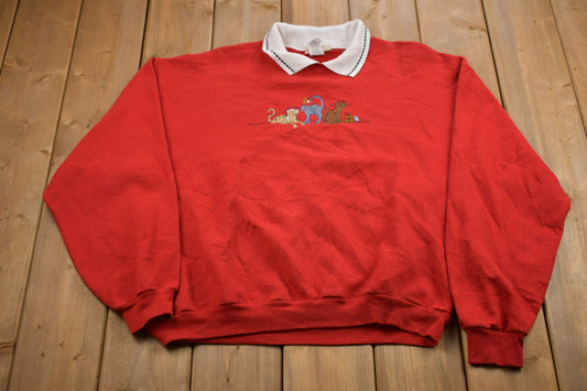 Vintage 1990s Top Stitch Morning Sun Cute Cat Embroidered Collared Sweatshirt / 90s Sweatshirt / Souvenir / Athleisure / Streetwear