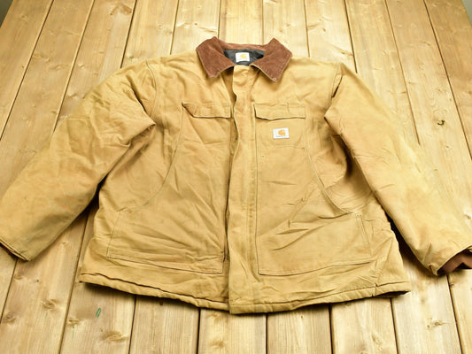 Vintage 1990s Carhartt Tan Chore Coat / Workwear / Streetwear / Quilt Lined Jacket / Distressed Carhartt / Vintage Workman Chore Coat