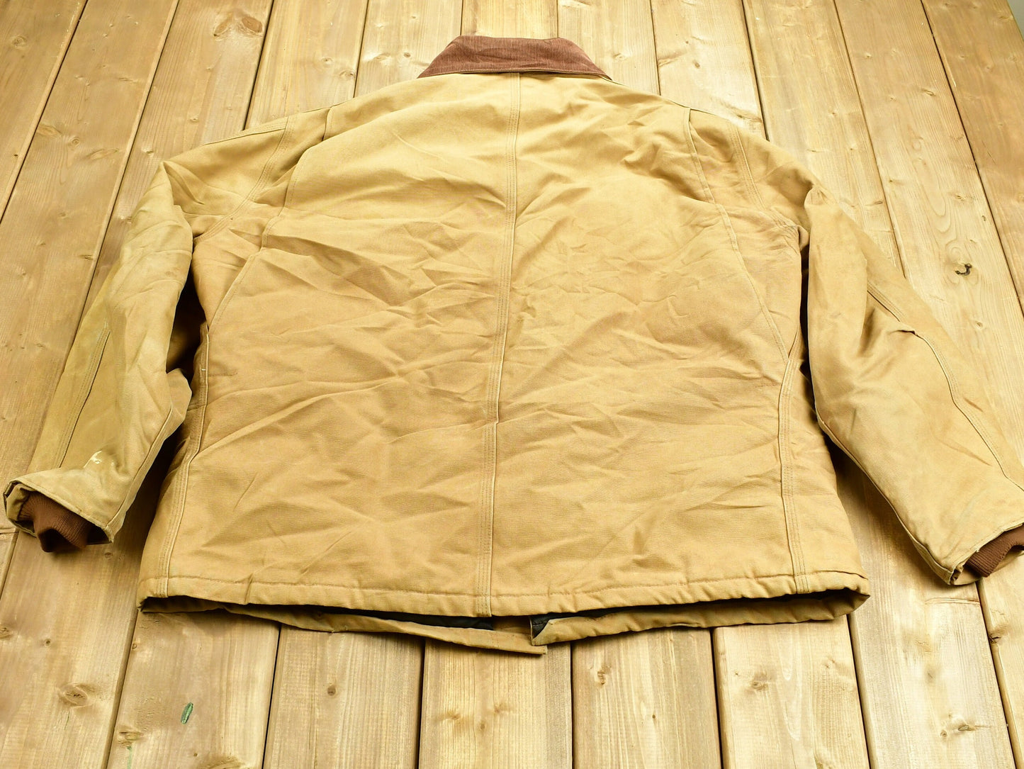 Vintage 1990s Carhartt Tan Chore Coat / Workwear / Streetwear / Quilt Lined Jacket / Distressed Carhartt / Vintage Workman Chore Coat