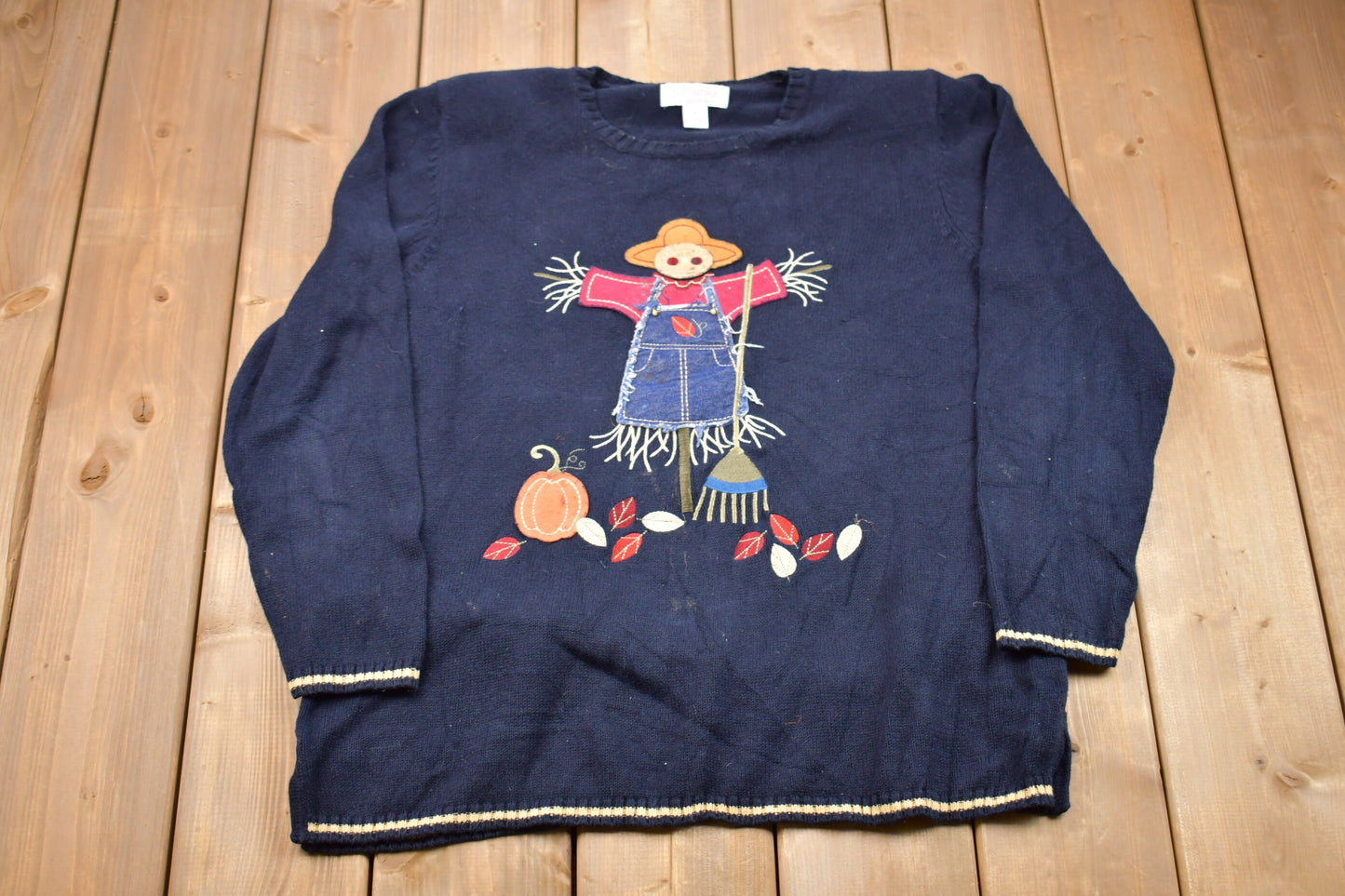 Vintage 1990s Halloween Scarecrow Knitted Sweater / Vintage 90s Crewneck / Pattern Sweater / Outdoor / Hand Knit / Pullover Sweatshirt