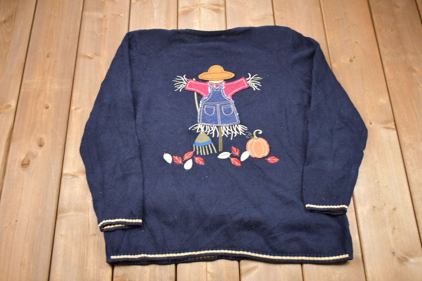 Vintage 1990s Halloween Scarecrow Knitted Sweater / Vintage 90s Crewneck / Pattern Sweater / Outdoor / Hand Knit / Pullover Sweatshirt