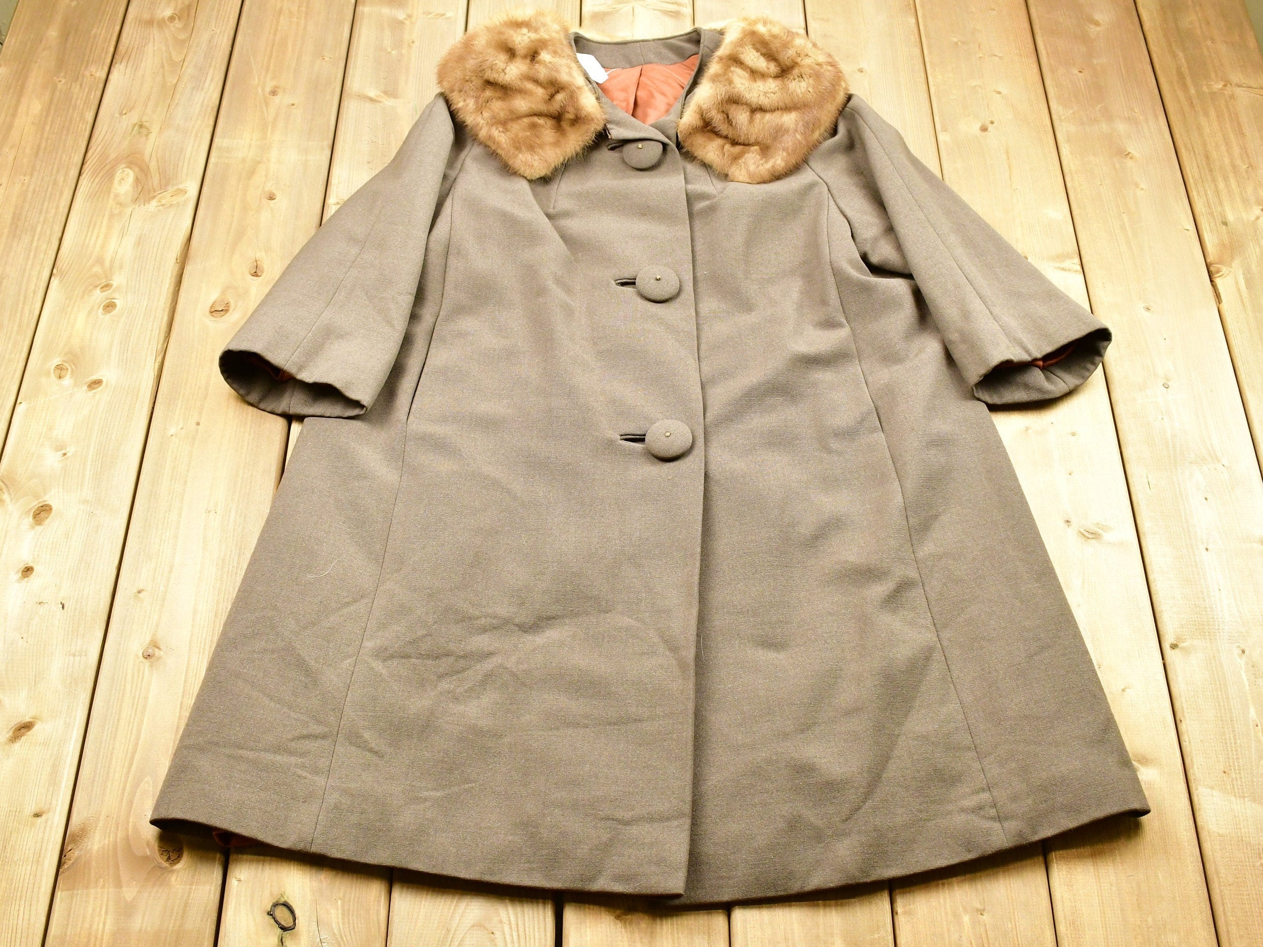 Vintage 1950s Peau De Faille Fur Collared Long Pea Coat Jacket