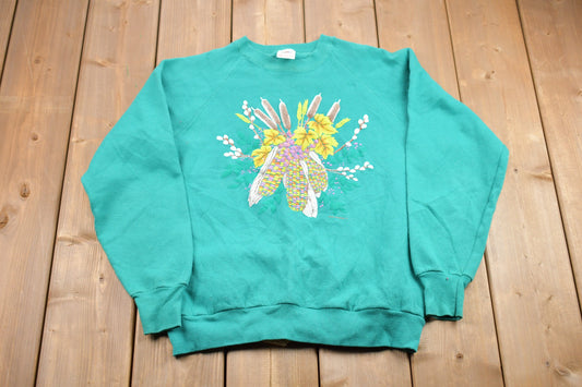 Vintage 1990 Floral Graphic Raglan Crewneck / Nature Print / Vintage Sweatshirt / Wilderness / Pullover Sweatshirt / Made In USA