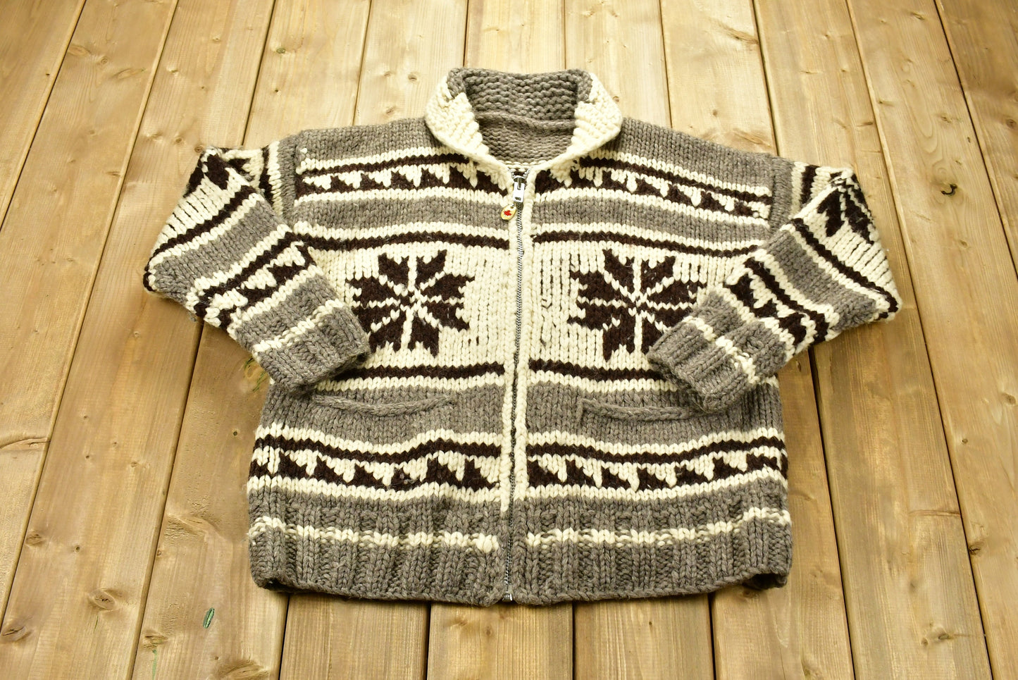 Vintage 1990s Heavy Weight Aztec Pattern Canadian Knitted Sweater / Full Zip Knit / All Over Pattern / Outdoor / Abstract Graphic