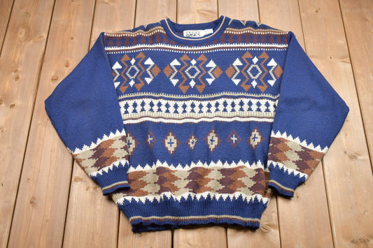 Vintage 1990s Jacquard Aztec Print Knit Sweater / Vintage Icelandic 90s Crewneck / Aztec / Southwest Pattern Print / Pullover Sweatshirt