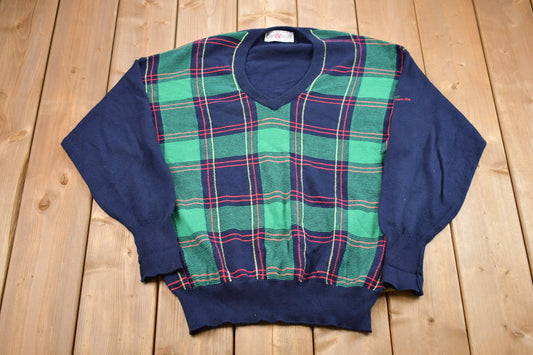 Vintage 1990s Clark & Gregory Plaid Knitted Sweater / Vintage 90s V-Neck / Pattern Sweater / Outdoor / Hand Knit / Pullover Sweatshirt