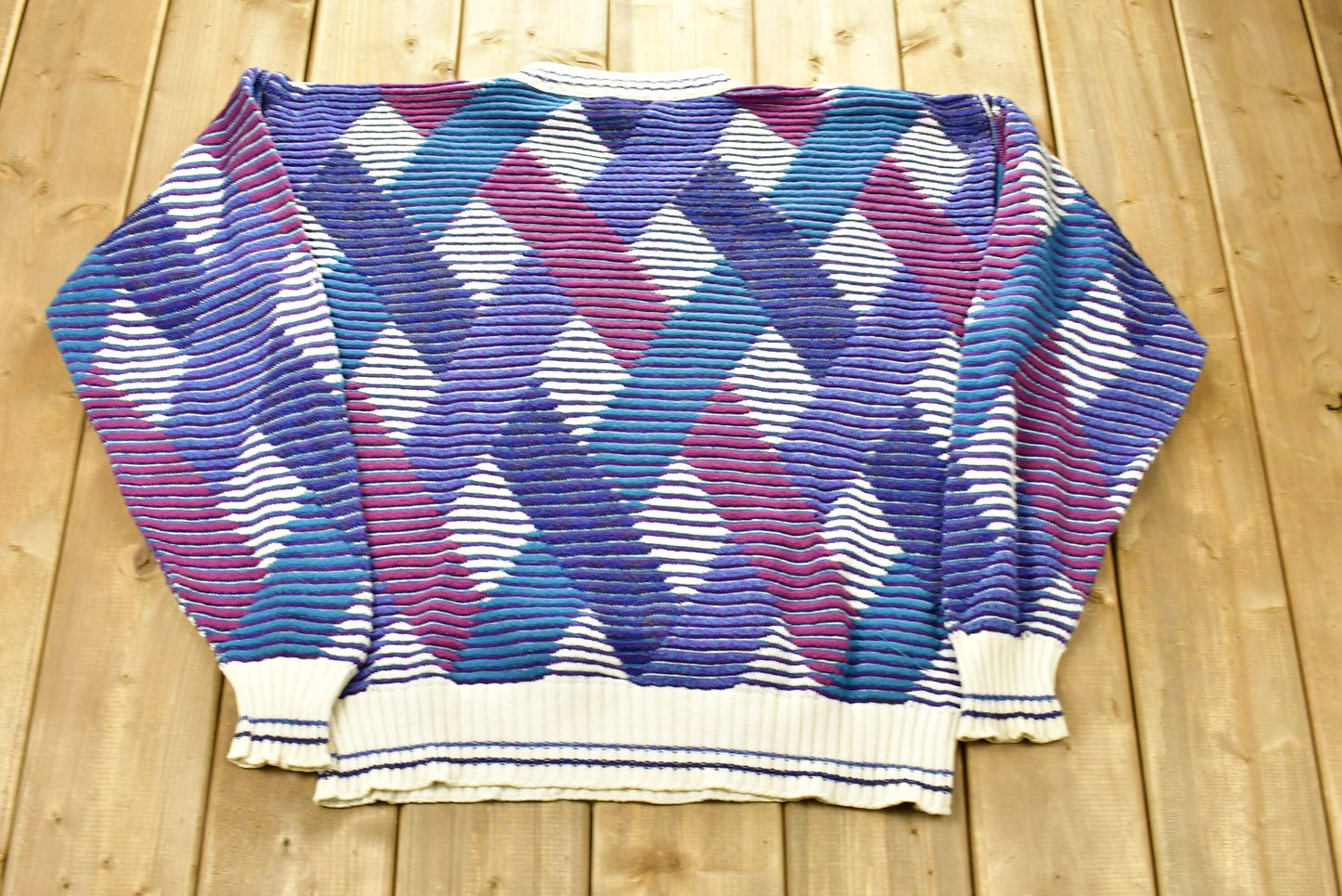 Vintage 1980s Cross Plaid Knitted Sweater / Made In USA / 80s Crewneck / All Over Pattern / Colors By Alexander Julian / Abstract Graphic