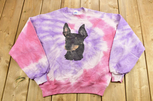 Vintage 1995 Miniature Pincer Tie Dye Cute Crewneck / 90s Crewneck / Grandma Sweater / American Streetwear / Made In USA / Puppy Sweater