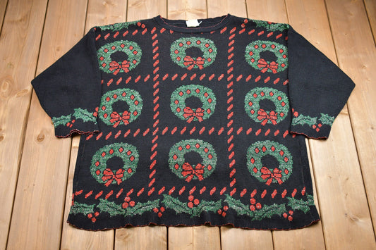 Vintage 1990s Wreath Christmas Sweater , 90s Holiday Crewneck , Winter Wear , Festive Graphic Print