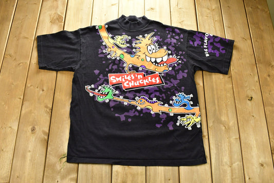 Vintage 1990s Smiles & Chuckles All Over Print Cartoon Promo T-Shirt / 90s Graphic Tee / Mock Neck / Big Flavor Big Fun / Big Fun Wear