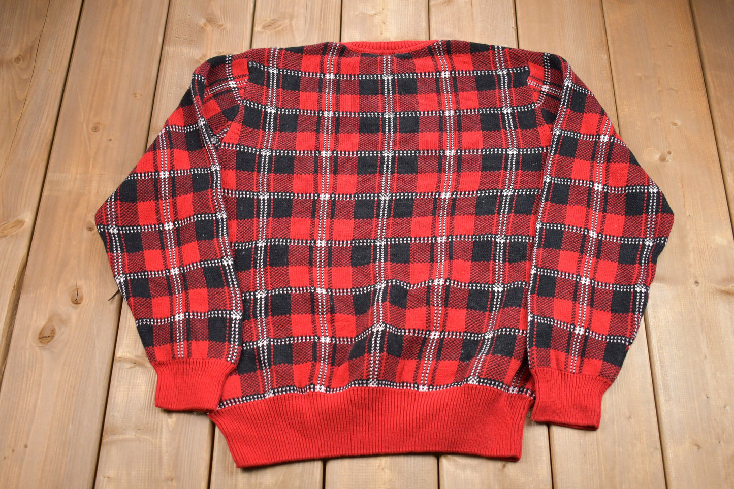 Vintage 1990s Saddlebred Plaid Knitted Sweater / Vintage 90s Crewneck / Pattern Sweater / Outdoor / Hand Knit / Pullover Sweatshirt