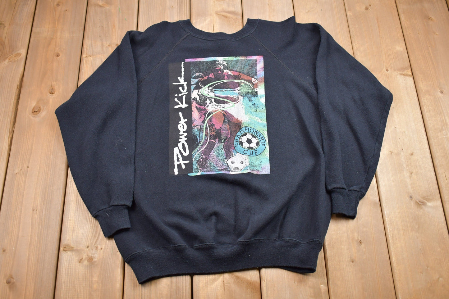 Vintage 1990s Championship Cup Soccer Graphic Crewneck / Power Kick Sweatshirt / Footballer Player / Raglan Sweatshirt / Made In USA