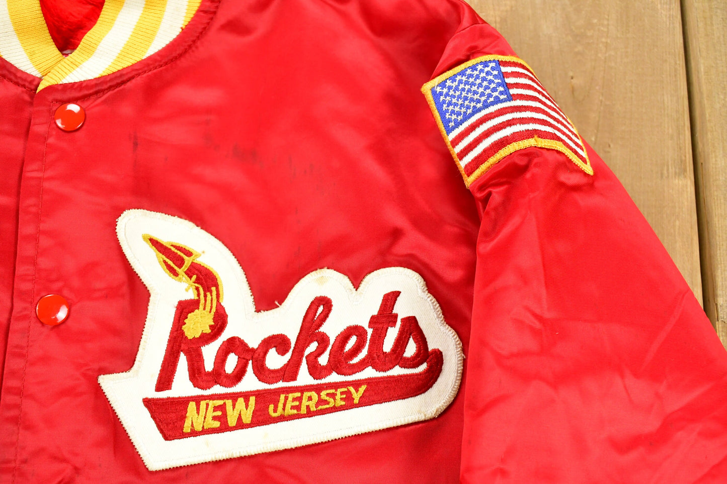 Vintage 1980s New Jersey Rockets Fleece Lined Satin Jacket / Snap Button / Chain Stitched / Athletic Sportswear / Patchwork / Embroidered