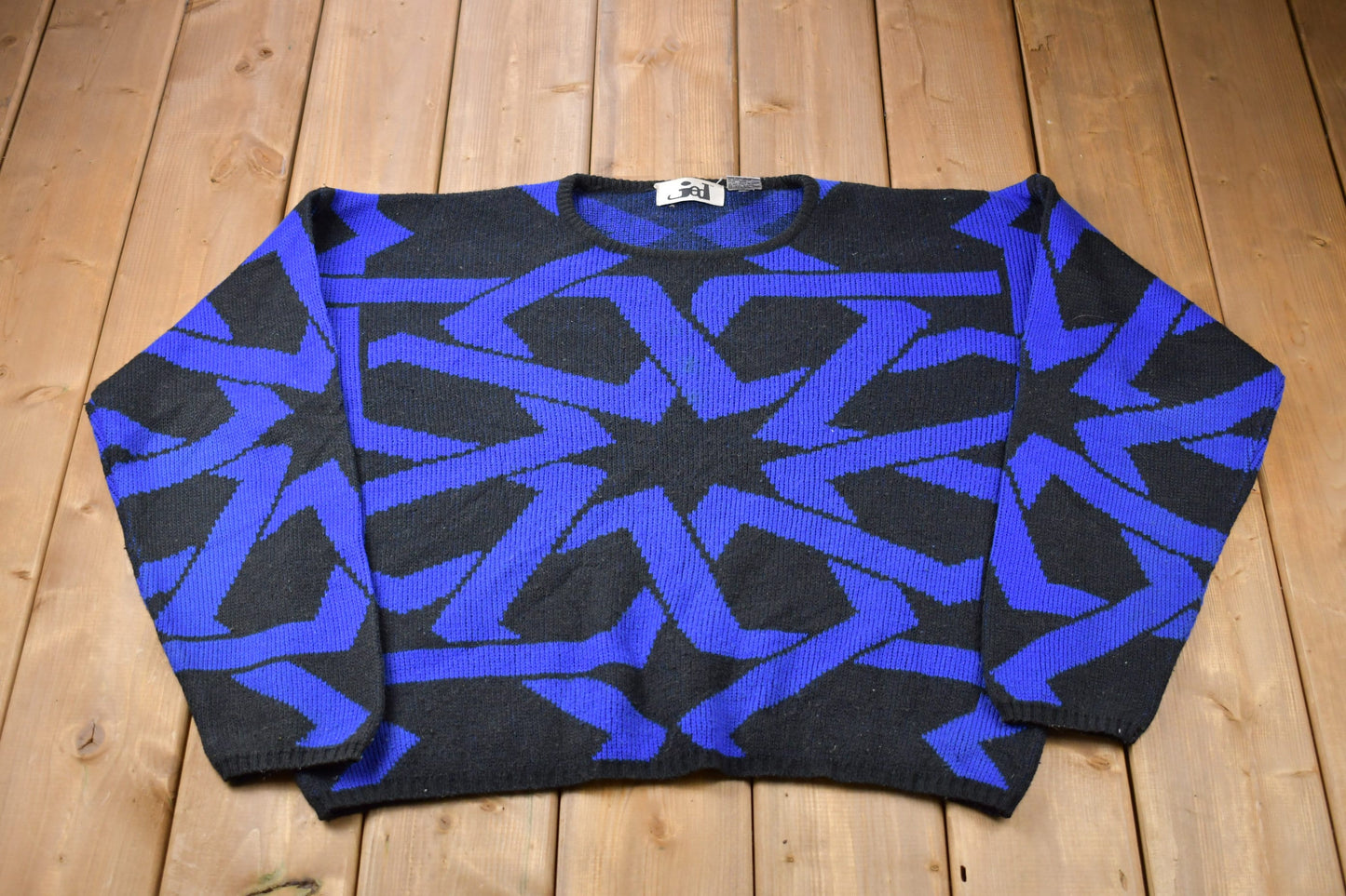 Vintage 1990s Jed Abstract Print Knitted Sweater / Vintage 90s Crewneck / Pattern Sweater / Outdoor / Hand Knit / Pullover Sweatshirt