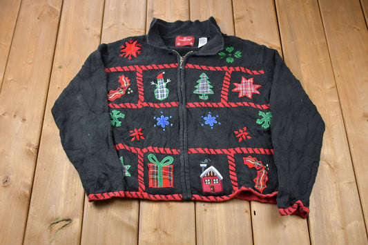 Vintage 1980s Full Zip Embroidered Christmas Sweater , 80s Holiday Crewneck , Winter Wear , Festive Graphic Print