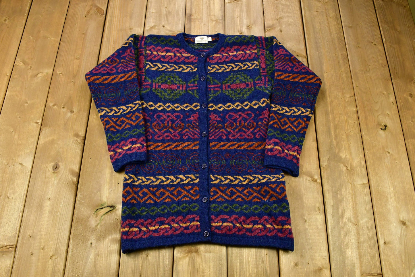 Vintage 1980s Abstact Graphic Knitted Cardigan Sweater / Made In Scotland / All Over Pattern / Outdoor / Sweatshirt / Strathspey