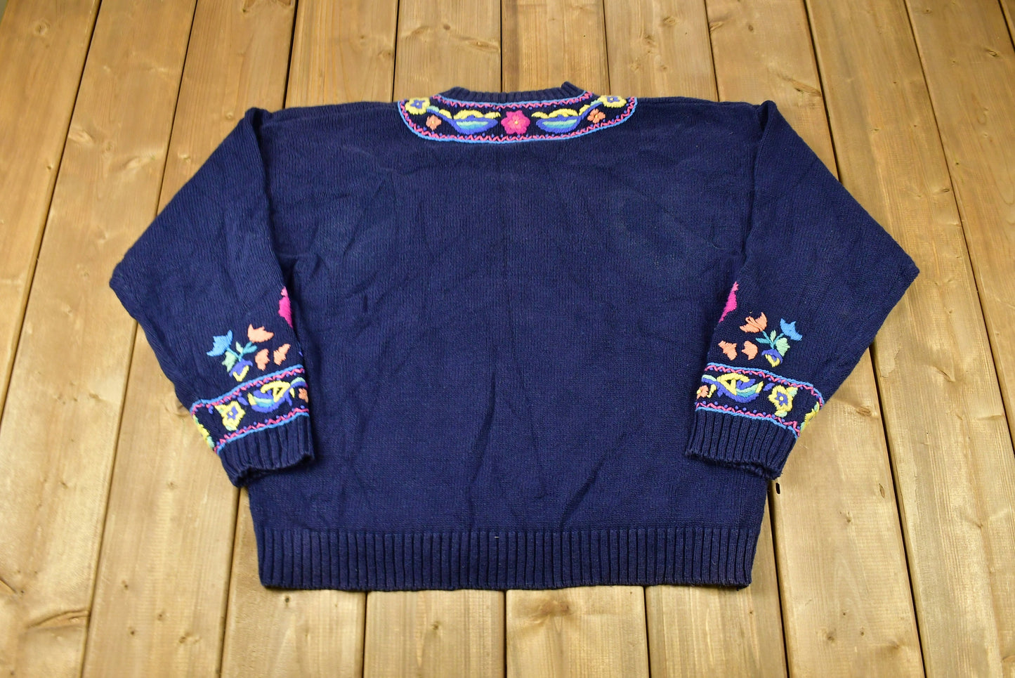 Vintage 1990s Floral Embroidered All Over Graphic Knitted Sweater / Vintage 90s Crewneck / All Over Pattern / Sweatshirt / Abstract Graphic