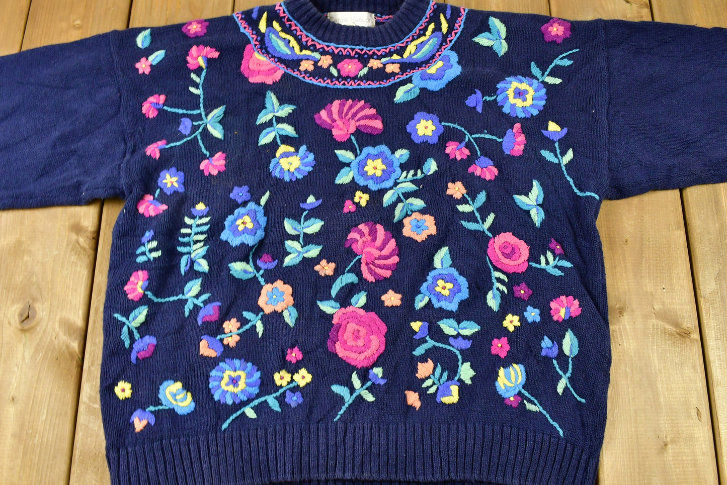 Vintage 1990s Floral Embroidered All Over Graphic Knitted Sweater / Vintage 90s Crewneck / All Over Pattern / Sweatshirt / Abstract Graphic