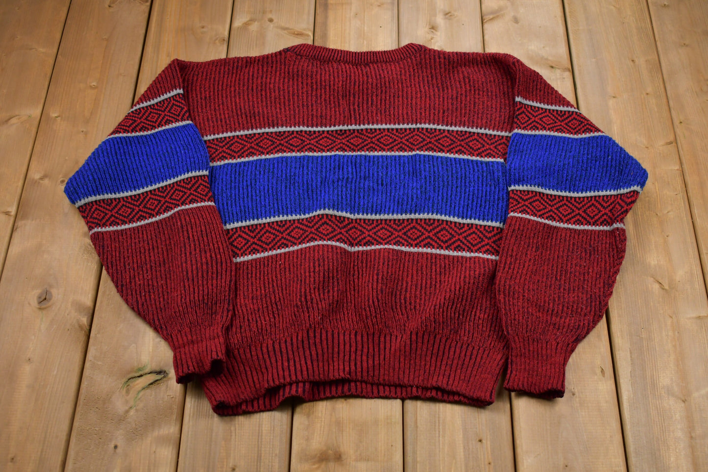 Vintage 1990s Adam Sloane Knitted Sweater / Vintage 90s Crewneck / Pattern Sweater / Outdoor / Hand Knit / Pullover Sweatshirt