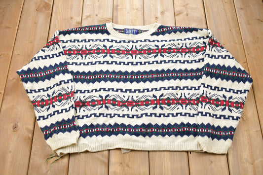 Vintage 1990s Liberty Made In USA Knitted Sweater / Vintage 90s Crewneck / Pattern Sweater / Outdoor / Hand Knit / Pullover Sweatshirt