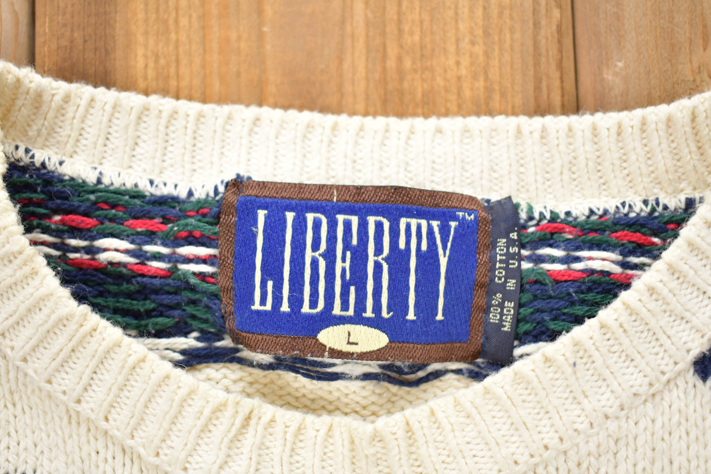 Vintage 1990s Liberty Made In USA Knitted Sweater / Vintage 90s Crewneck / Pattern Sweater / Outdoor / Hand Knit / Pullover Sweatshirt