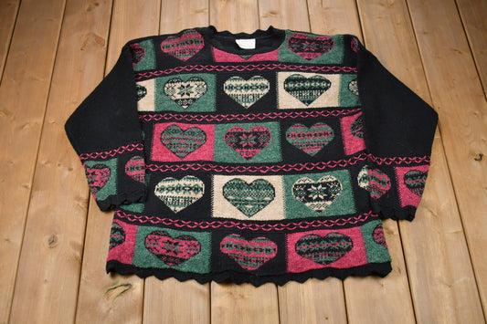 Vintage 1990s Made In USA Heart Graphic Knitted Sweater / Vintage 90s Crewneck / Pattern Sweater / Outdoor / Hand Knit / Pullover Sweatshirt