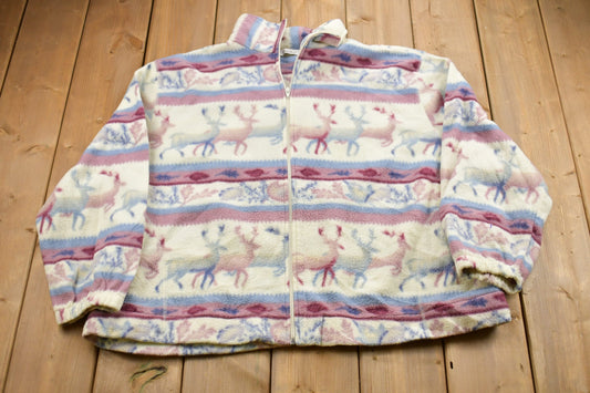 Vintage 1980s Deer All Over Print Full Zip Fleece Sweater / Sportswear / 80s Fleece / Streetwear / Athleisure / Hiking / Deer Print