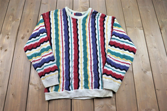 Vintage 1990s 3D Knit  Crewneck Sweater / Funky Pattern / Outdoor Wilderness / Pullover Sweatshirt / Made In USA / BS1.3